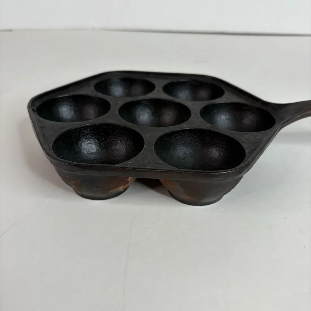 Vintage Aebleskiber Cast Iron Pan, 8” Pan With 7 2” Holes Danish Pancake Pan